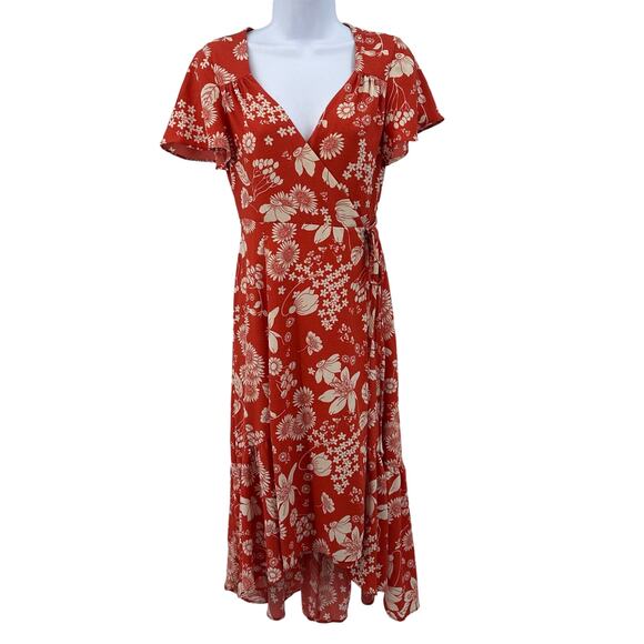 Urban Outfitters Floral Wrap Dress Hi-Low WMNS S Red Midi V-neck Short Sleeve - Picture 2 of 11